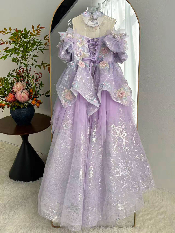Luxury Lilac 3D Flowers Girl Dress for Kids Birthday Pageant J347
