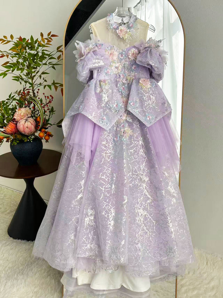 Luxury Lilac 3D Flowers Girl Dress for Kids Birthday Pageant J347