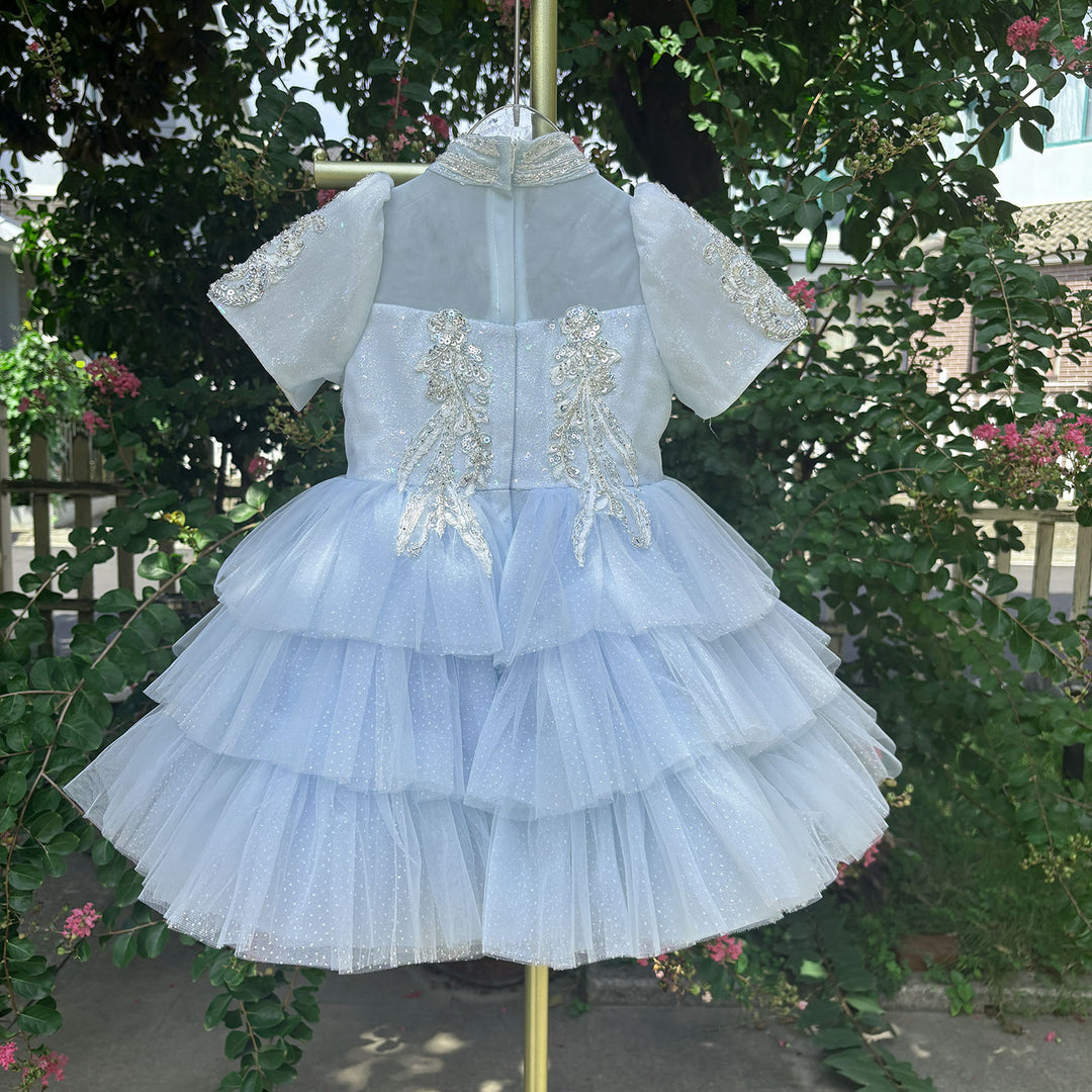 Blue Flower Girl Dress with Beaded Bodice Knee Length J567