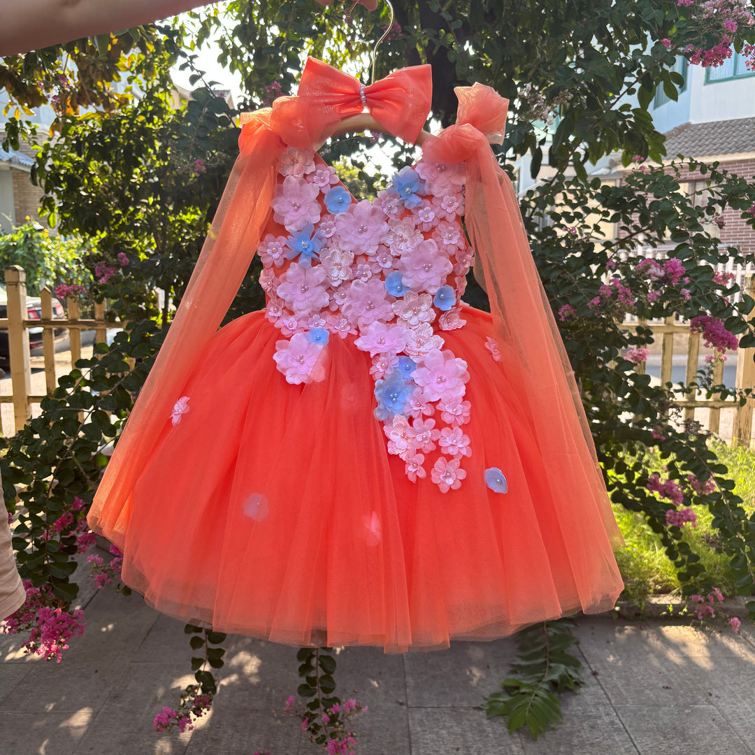 orange flower girl dresses 2Bunnies Girls' 12M-12yr Rose Lace Tulle Long Sleeve Maxi Flower Girl Dress 2T / Orange
