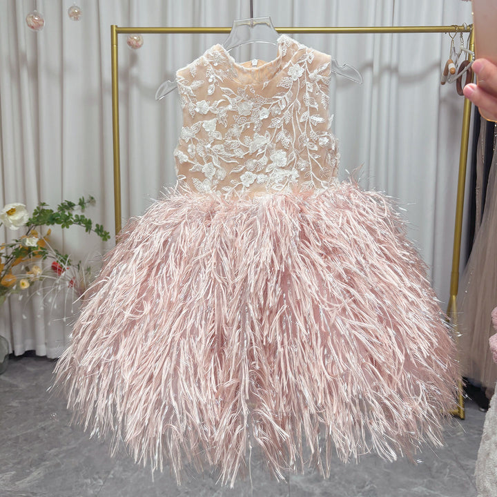Elegant Pink Feather Flower Girl Dress Princess Kids Birthday Party Dress M005