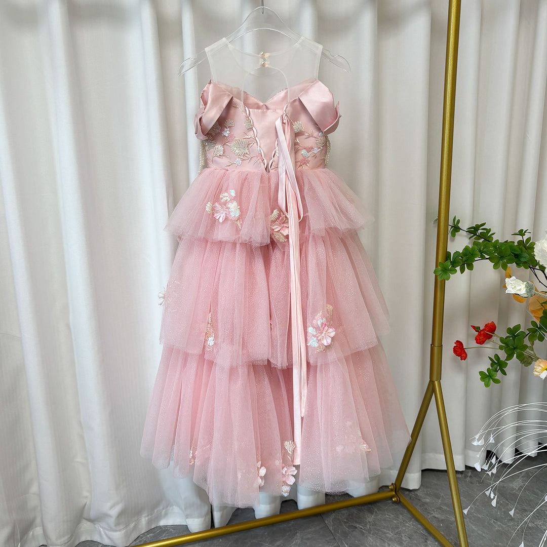 Off-Shoulder Applique Tiered Tulle Flower Girl Dress D322