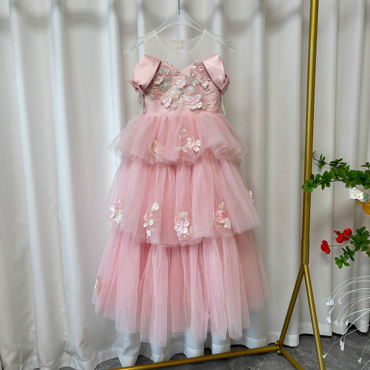 Off-Shoulder Applique Tiered Tulle Flower Girl Dress D322