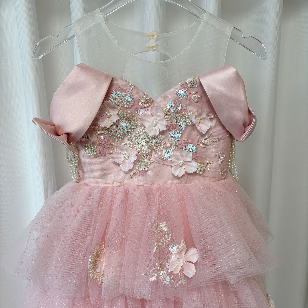 Off-Shoulder Applique Tiered Tulle Flower Girl Dress D322