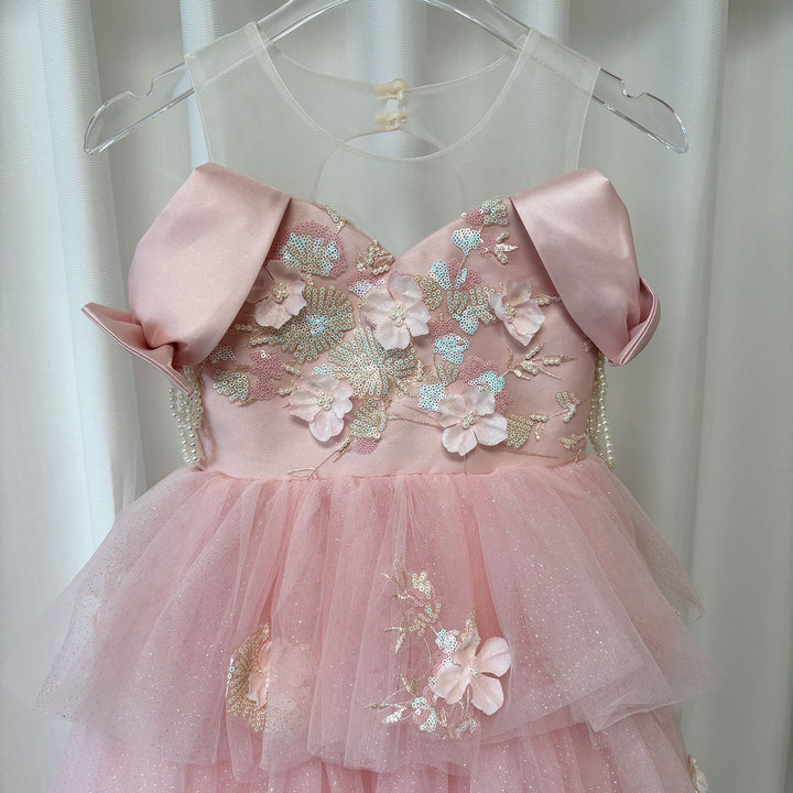 Off-Shoulder Applique Tiered Tulle Flower Girl Dress D322