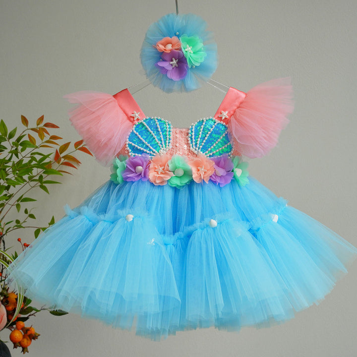 Blue Flower Girl Dress with Sequin Shell Bodice Tulle Princess Party Gown D265