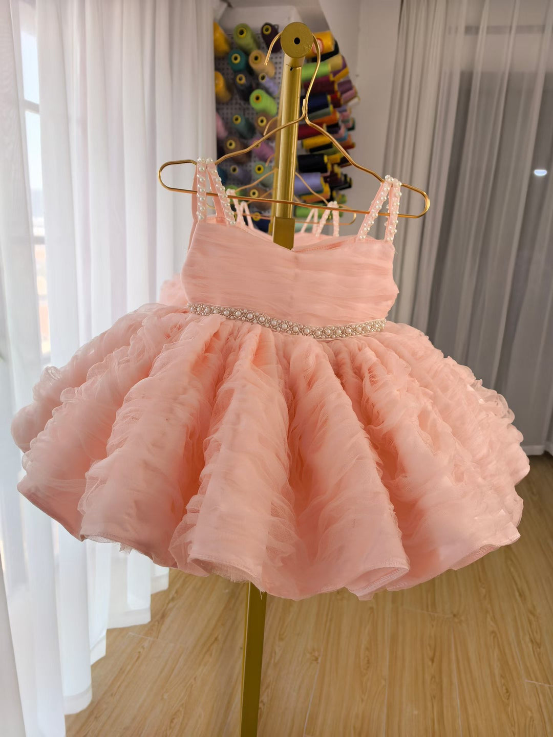 Cute Pink Puffy Tulle Flower Girl Dress Princess Short Dress for Birthday Wedding Party M037
