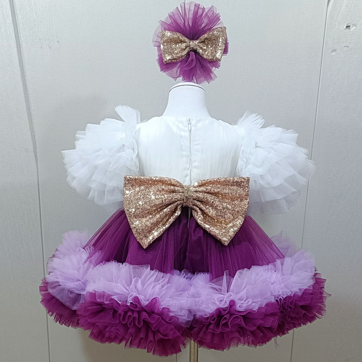 Elegant Purple and White Flower Girl Dress with Sequined Bow D172