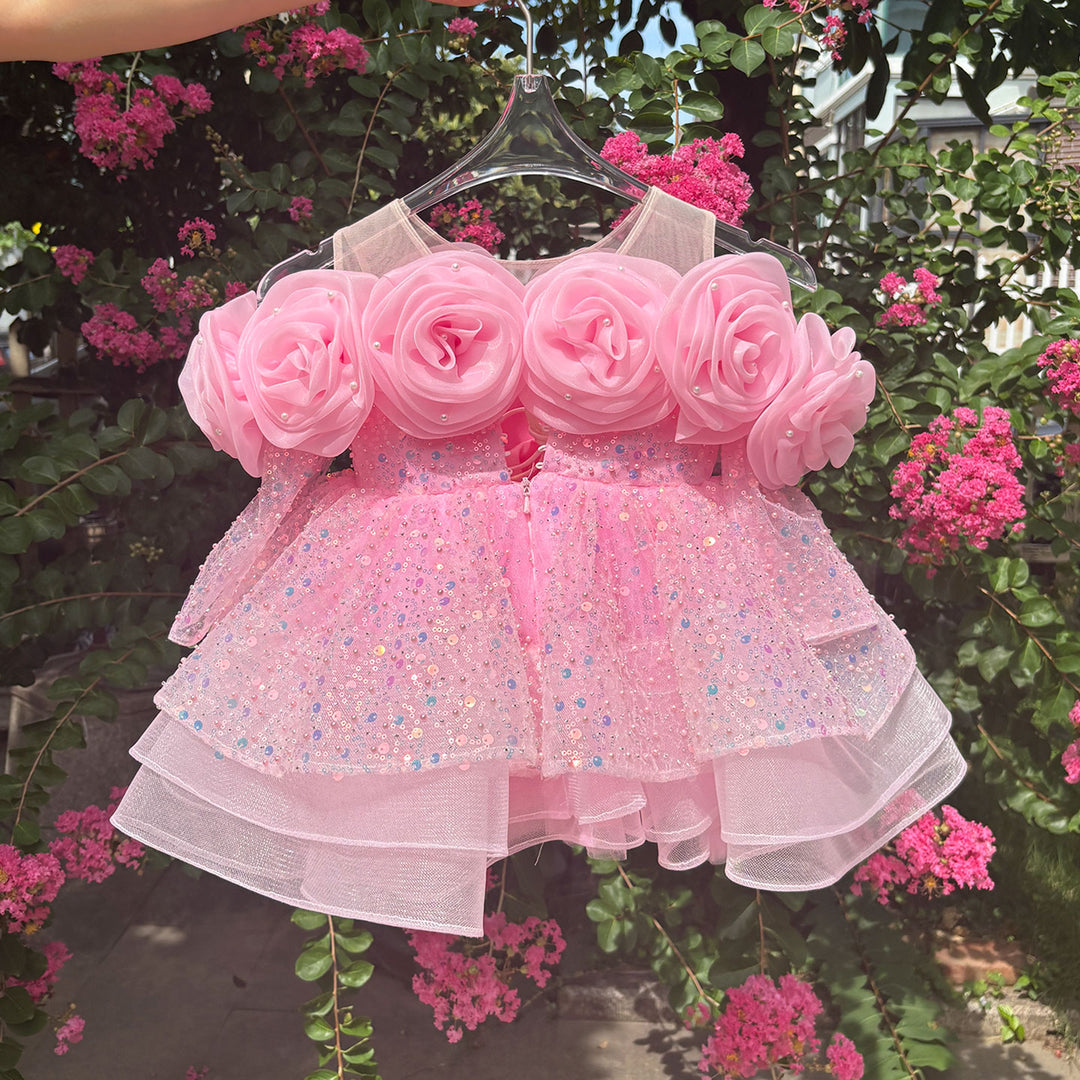 Flower Girl Dress with 3D Floral Accents Sparkling Sequins D099