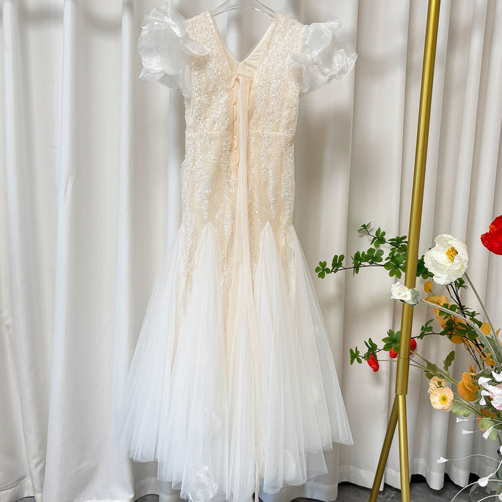 White Mermaid Pearls Flower Girl Dress J556