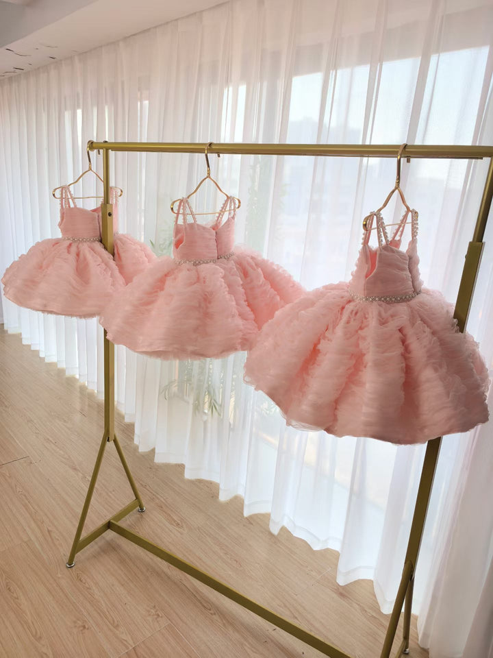 Cute Pink Puffy Tulle Flower Girl Dress Princess Short Dress for Birthday Wedding Party M037