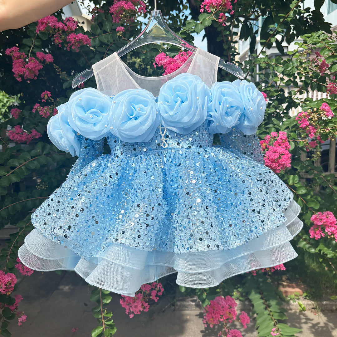 Flower Girl Dress with 3D Floral Accents Sparkling Sequins D099