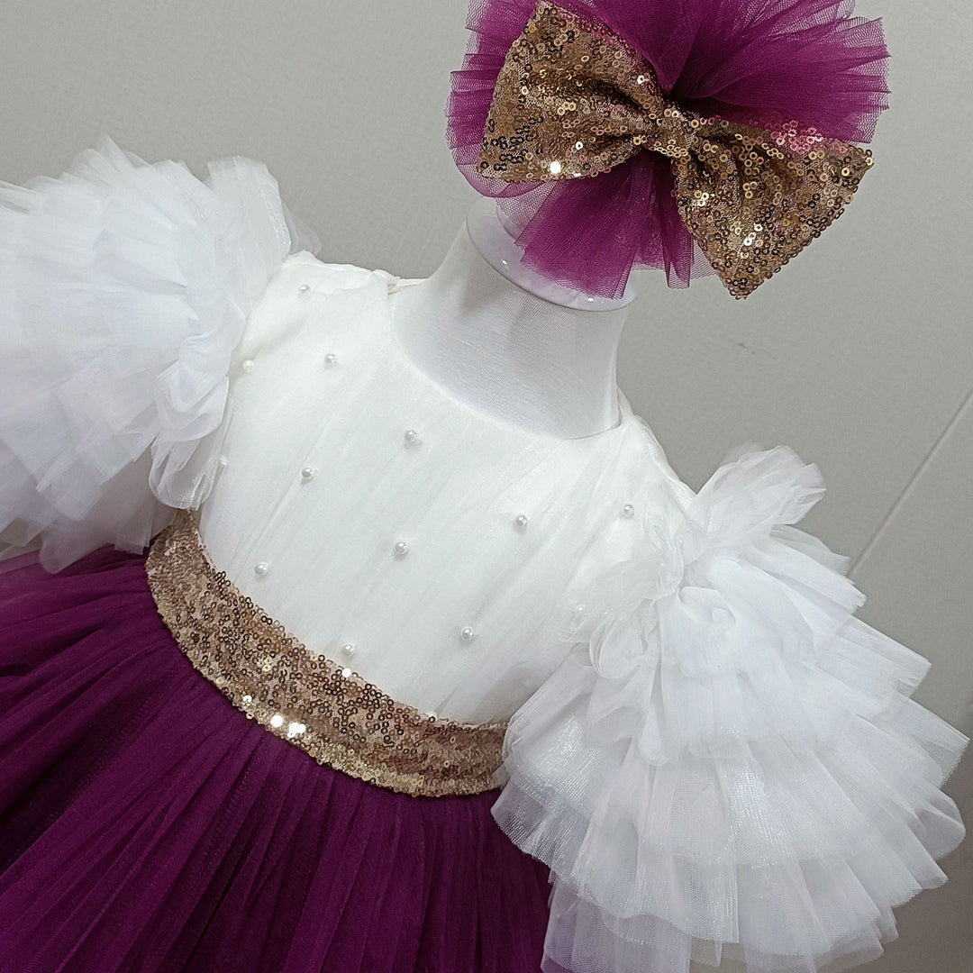 Elegant Purple and White Flower Girl Dress with Sequined Bow D172