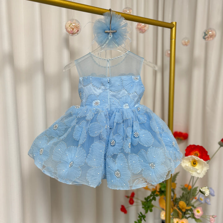 Blue Flower Girl Princess Dress for Kids Wedding Birthday Party J776