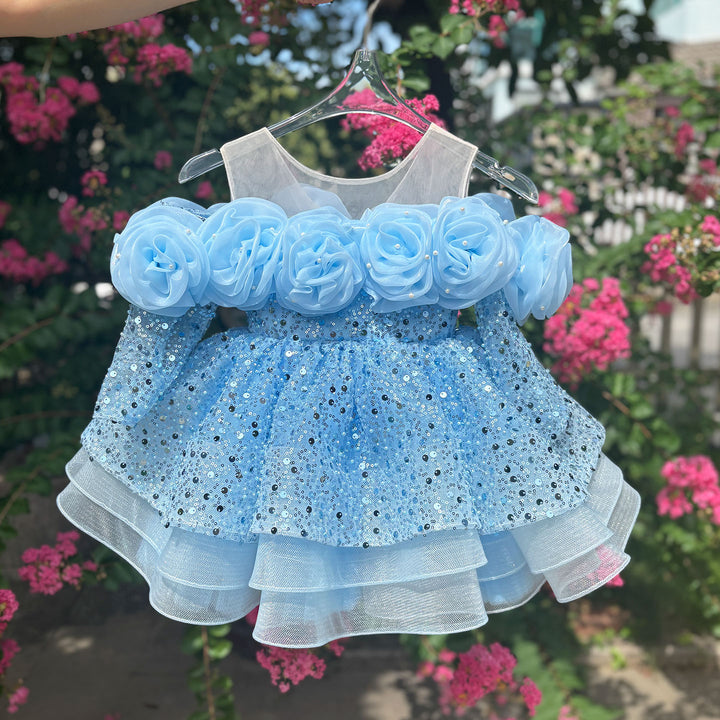 Flower Girl Dress with 3D Floral Accents Sparkling Sequins D099