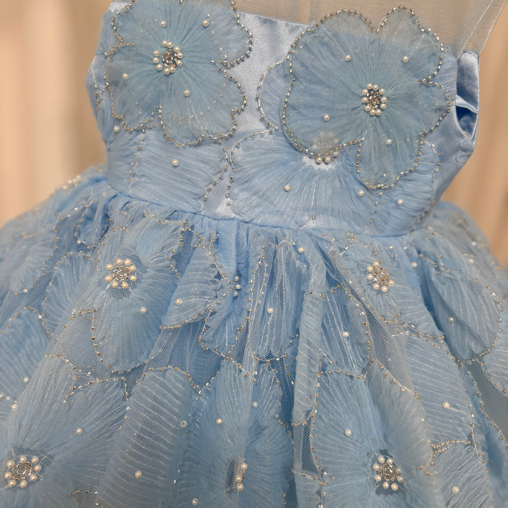 Blue Flower Girl Princess Dress for Kids Wedding Birthday Party J776