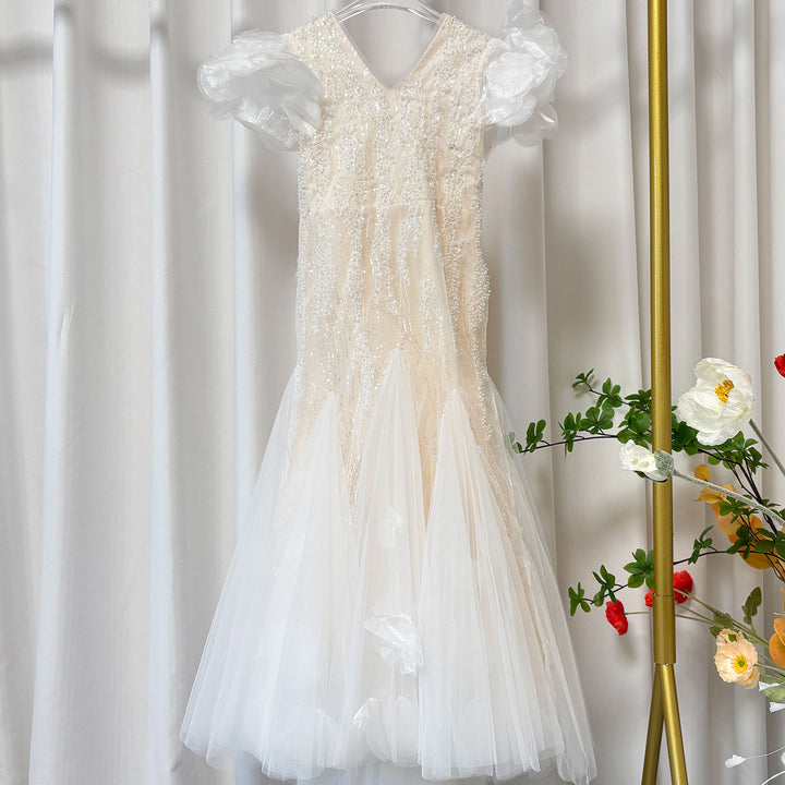 White Mermaid Pearls Flower Girl Dress J556