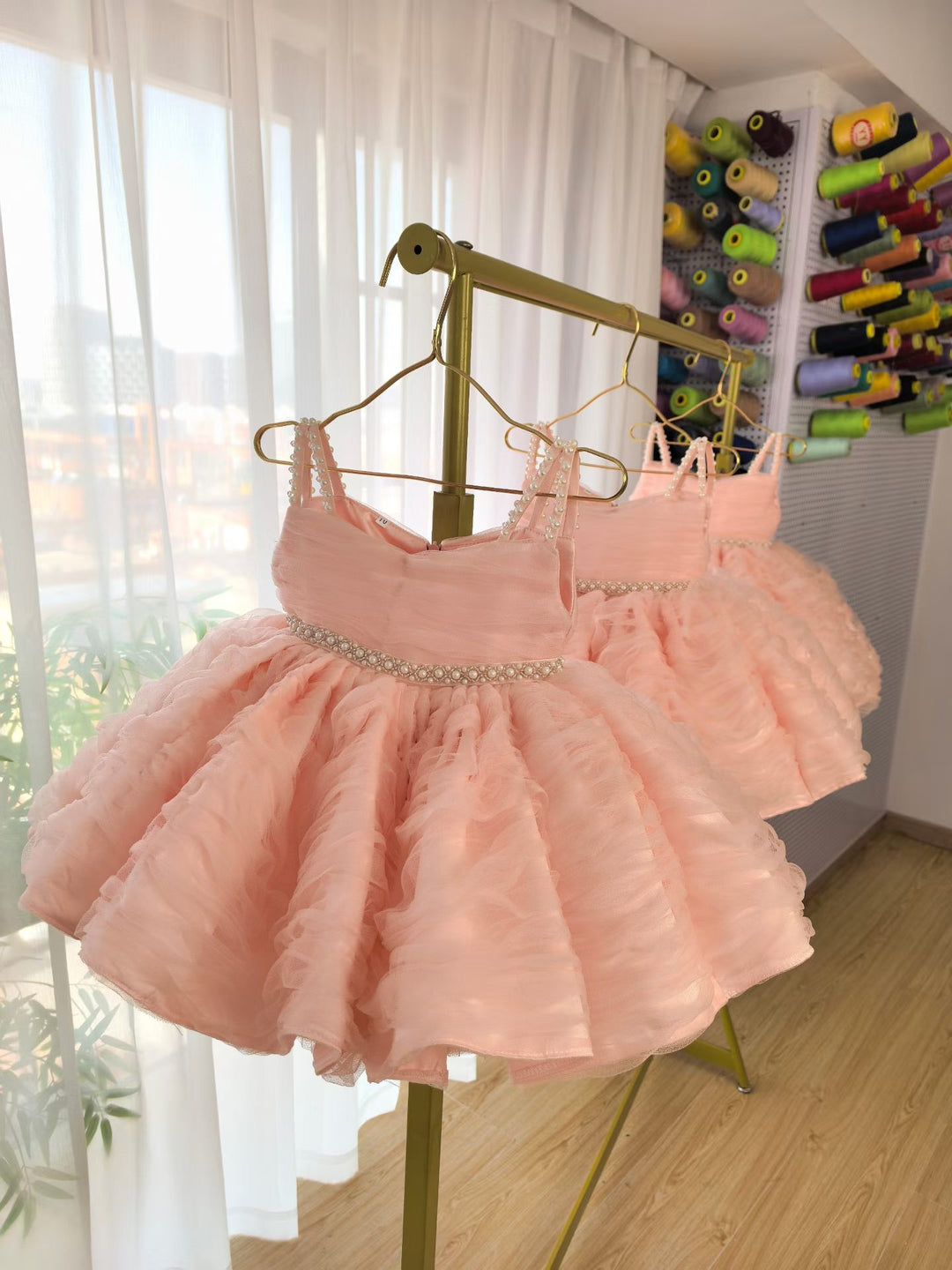 Cute Pink Puffy Tulle Flower Girl Dress Princess Short Dress for Birthday Wedding Party M037