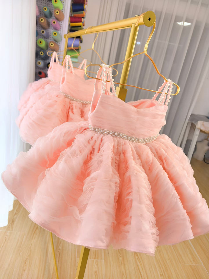 Cute Pink Puffy Tulle Flower Girl Dress Princess Short Dress for Birthday Wedding Party M037