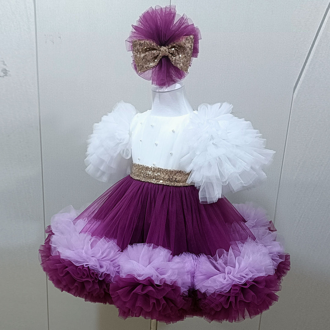 Elegant Purple and White Flower Girl Dress with Sequined Bow D172