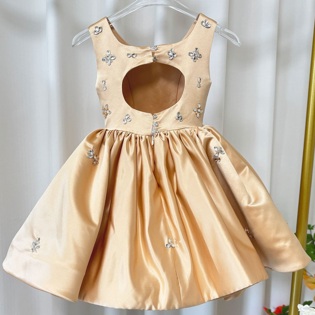 Elegant Pink Satin Girl Dresses Square Collar for Kids Party Gown J145