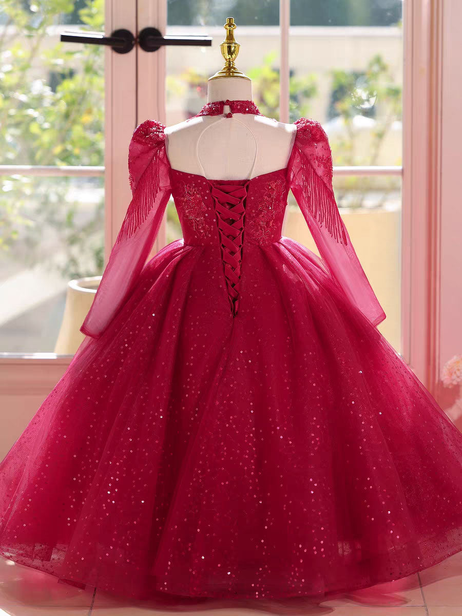 Luxury Red Flower Girl Dress Birthday Wedding Party Formal Gown D182