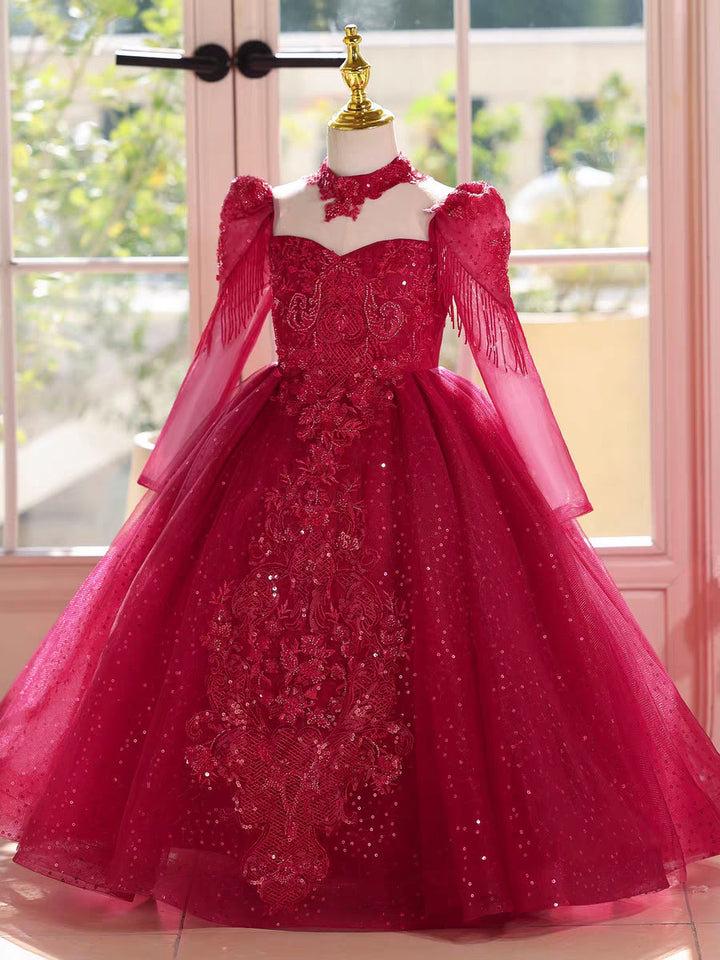 Luxury Red Flower Girl Dress Birthday Wedding Party Formal Gown D182