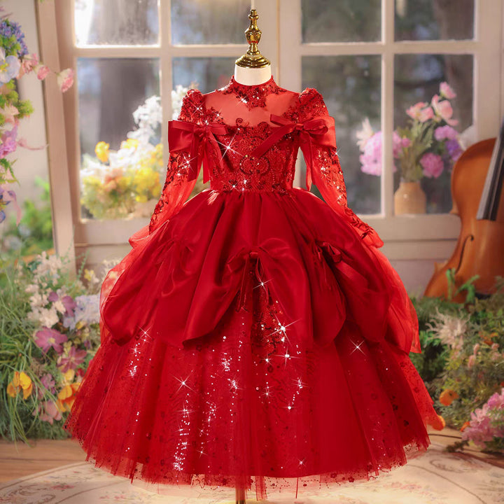 Luxury Red Sequin Long Sleeve Princess with Bow for Girls J609