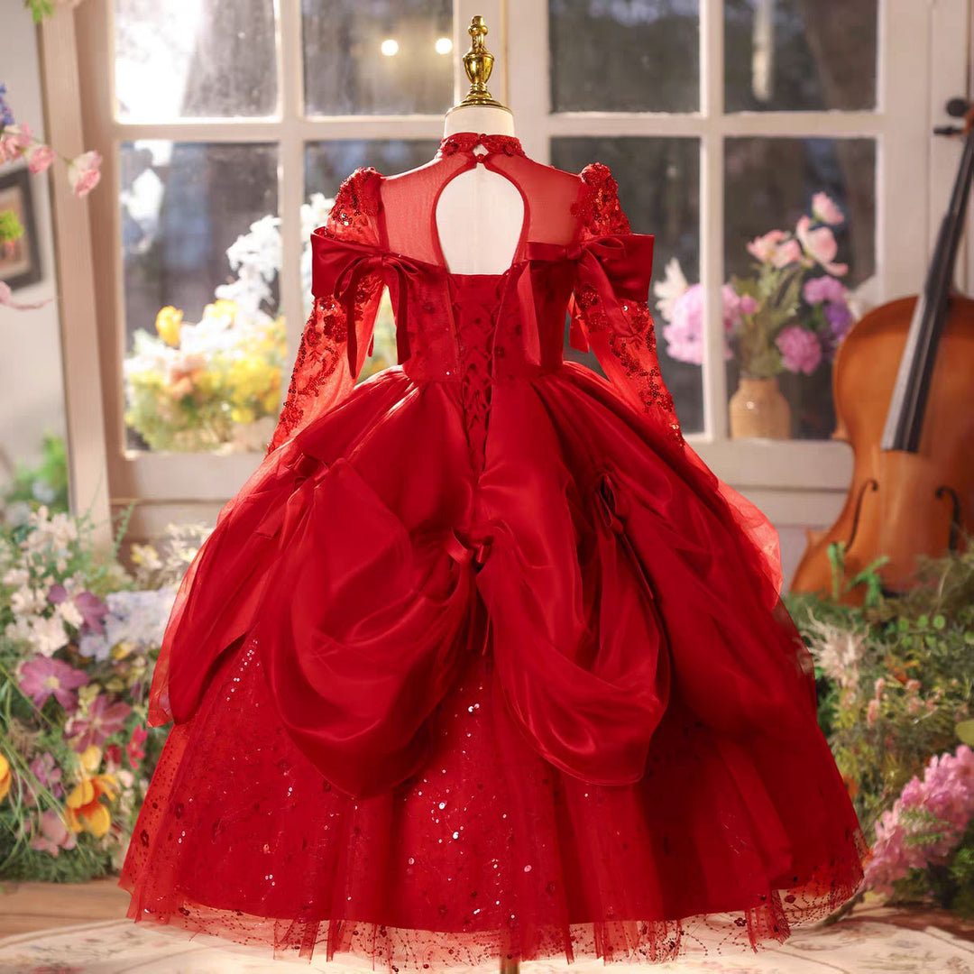 Luxury Red Sequin Long Sleeve Princess with Bow for Girls J609