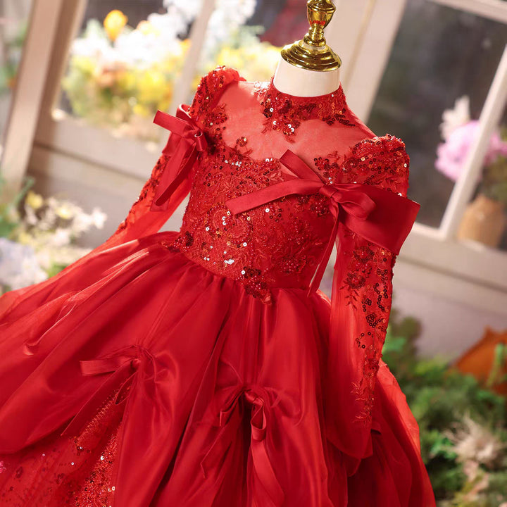 Luxury Red Sequin Long Sleeve Princess with Bow for Girls J609