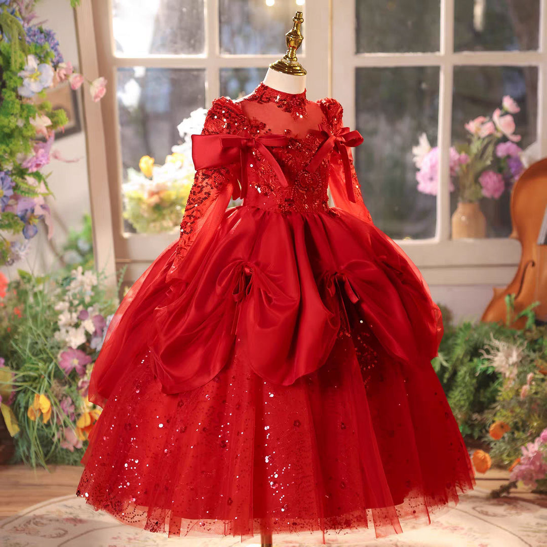 Luxury Red Sequin Long Sleeve Princess with Bow for Girls J609