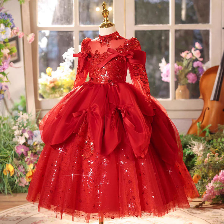 Luxury Red Sequin Long Sleeve Princess with Bow for Girls J609