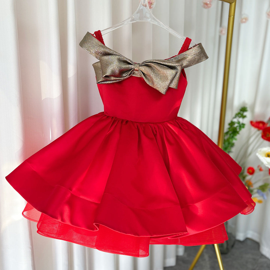 Christmas Off Shoulder Satin Girl Dress Knee Length Ball Gown J284