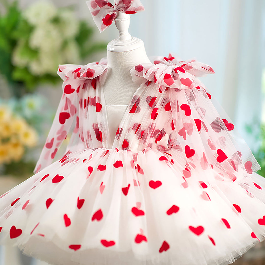 V-Neck Long Sleeve Tulle Flower Girl Dress with Bow D059