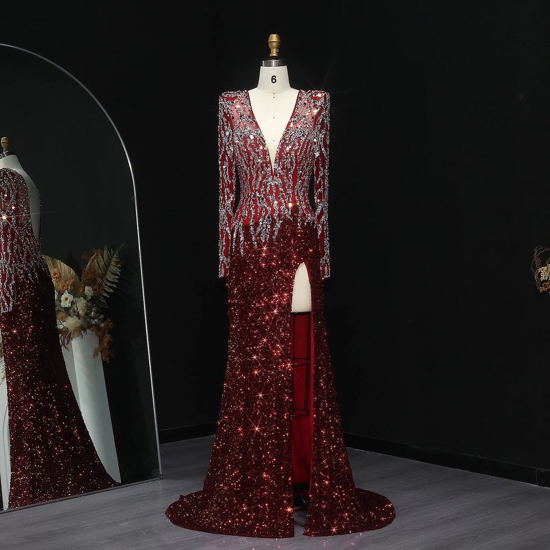 Black Mermaid Dubai Evening Dresses Elegant V-Neck Long Sleeves SS250