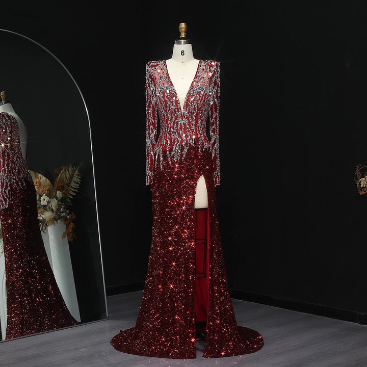 Black Mermaid Dubai Evening Dresses Elegant V-Neck Long Sleeves SS250