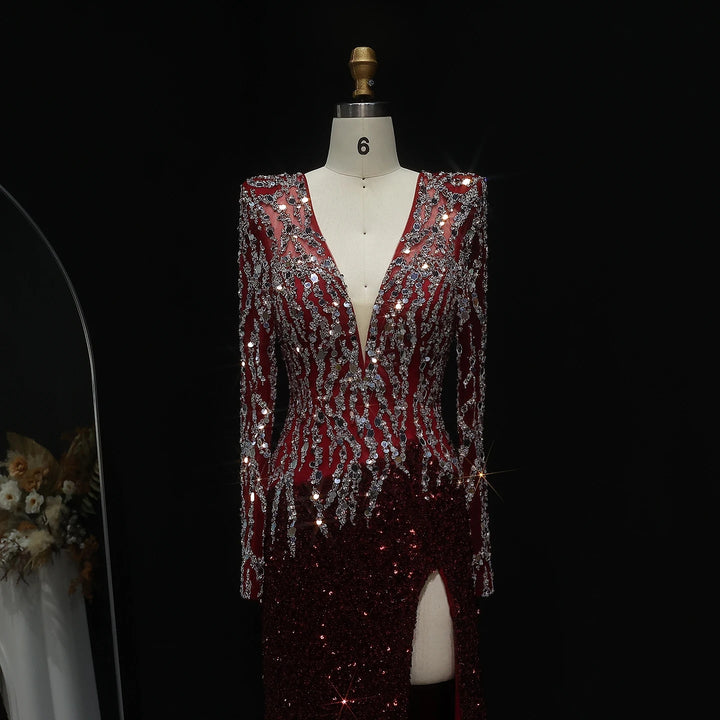 Black Mermaid Dubai Evening Dresses Elegant V-Neck Long Sleeves SS250