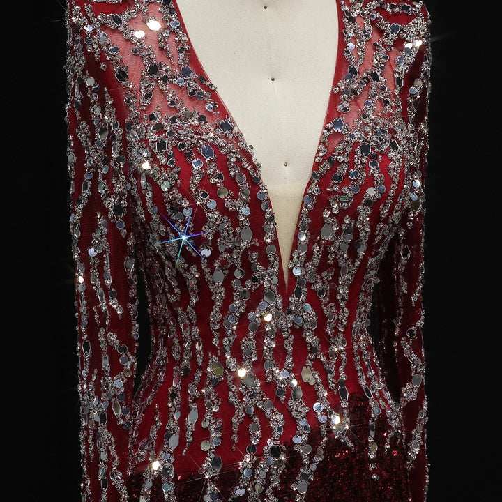 Black Mermaid Dubai Evening Dresses Elegant V-Neck Long Sleeves SS250