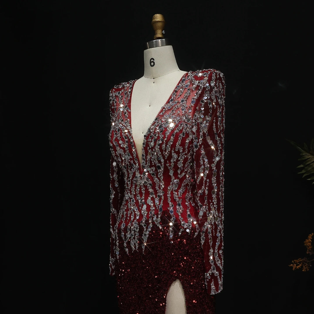 Black Mermaid Dubai Evening Dresses Elegant V-Neck Long Sleeves SS250