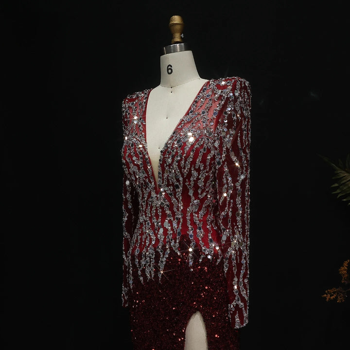 Black Mermaid Dubai Evening Dresses Elegant V-Neck Long Sleeves SS250