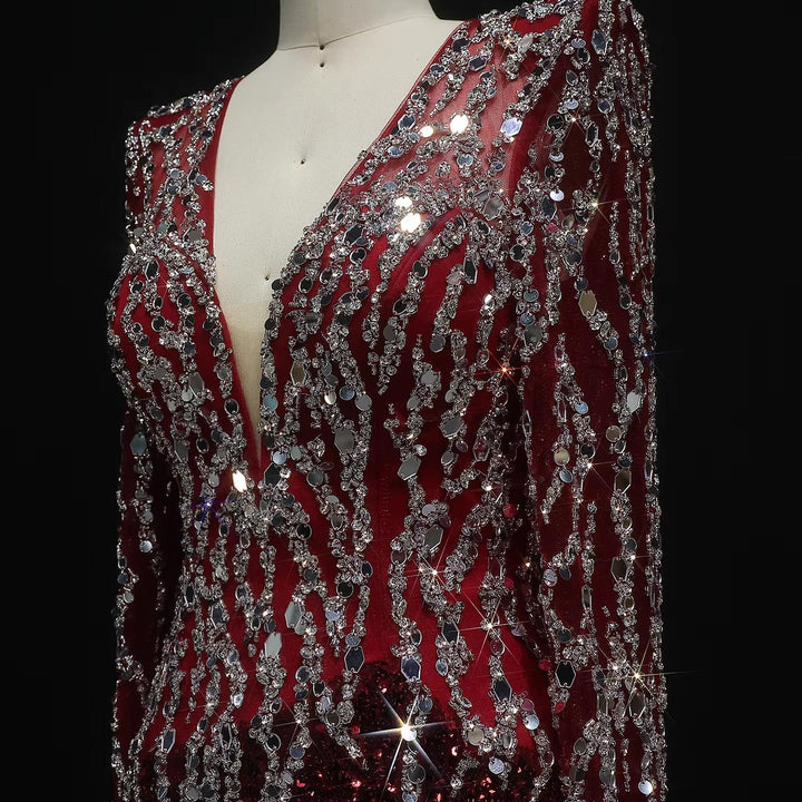 Black Mermaid Dubai Evening Dresses Elegant V-Neck Long Sleeves SS250