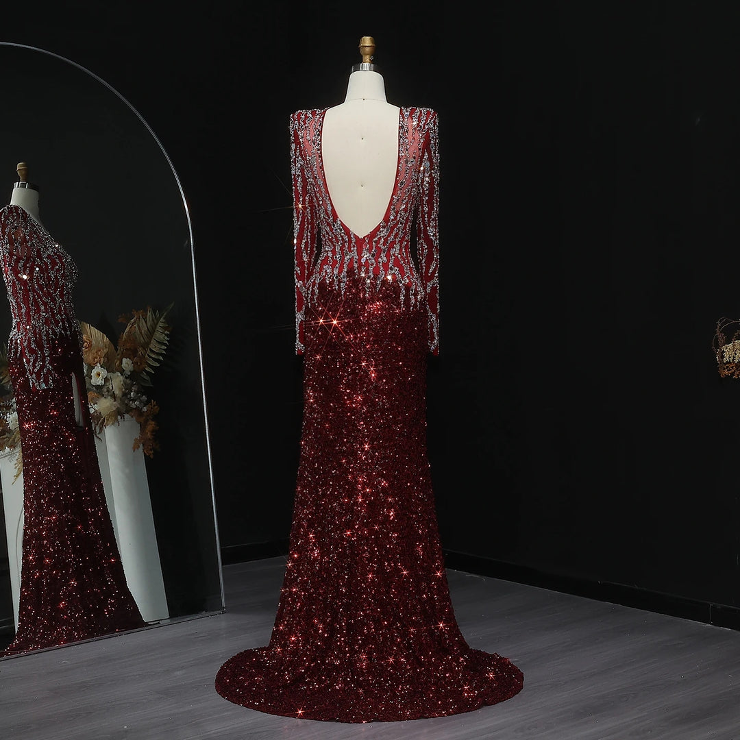 Black Mermaid Dubai Evening Dresses Elegant V-Neck Long Sleeves SS250