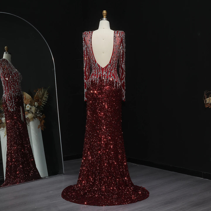 Black Mermaid Dubai Evening Dresses Elegant V-Neck Long Sleeves SS250