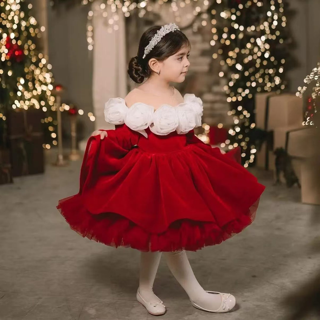 Luxury Red Princess Ball Gown Dress with Handmade Flowers J438