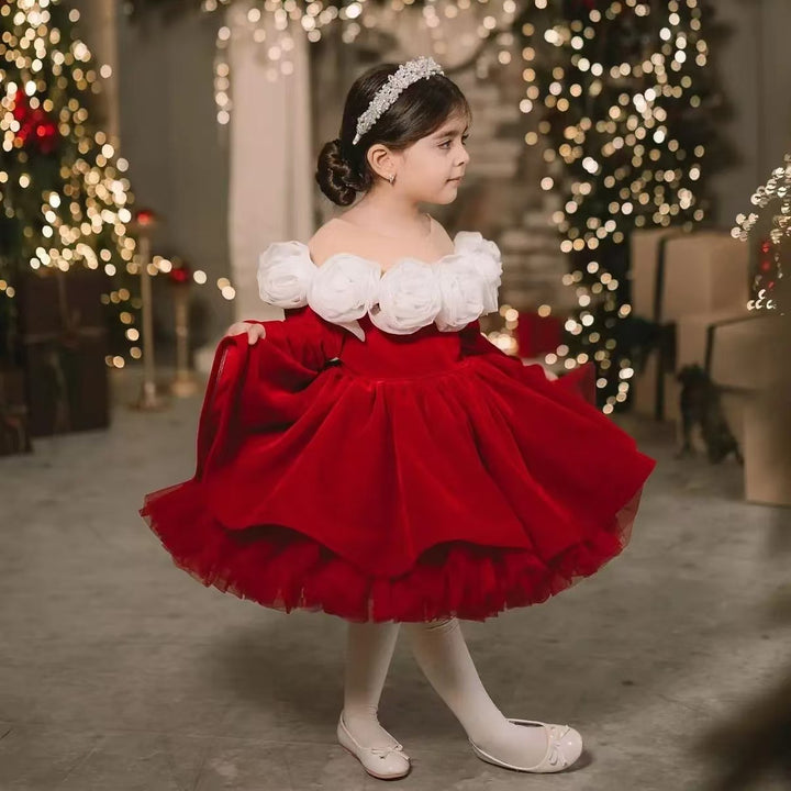 Luxury Red Princess Ball Gown Dress with Handmade Flowers J438