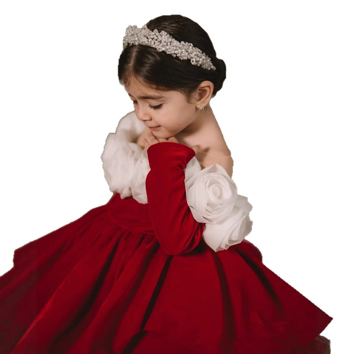 Luxury Red Princess Ball Gown Dress with Handmade Flowers J438