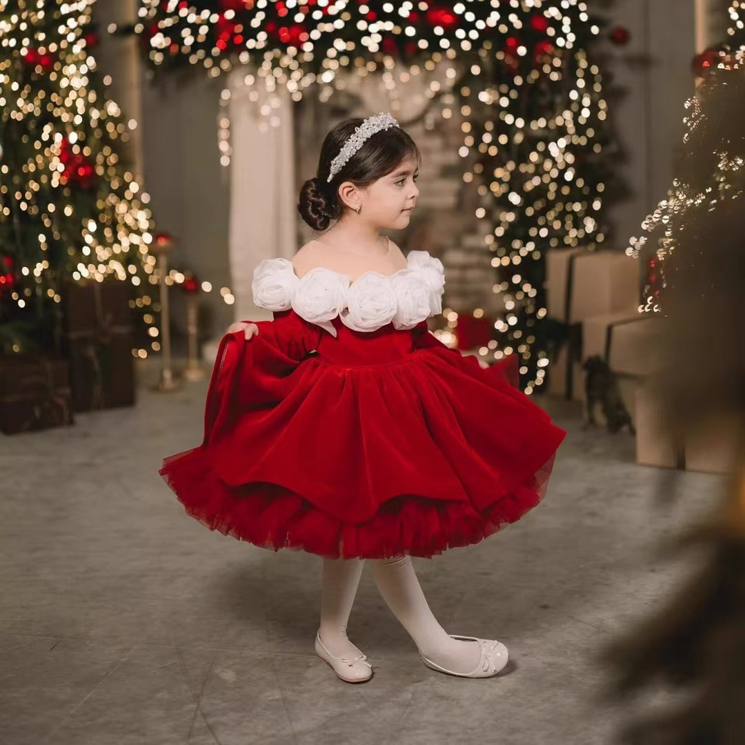 Luxury Red Princess Ball Gown Dress with Handmade Flowers J438