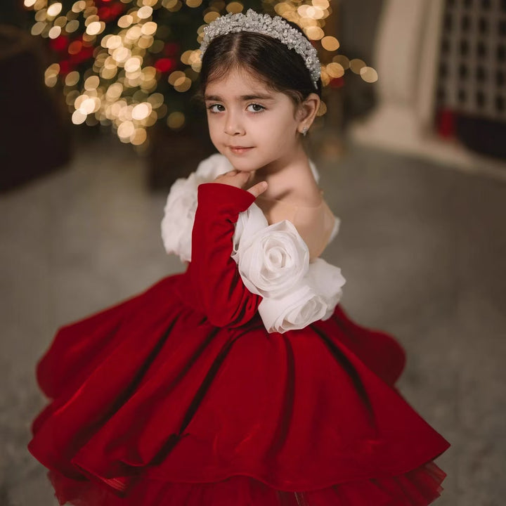 Luxury Red Princess Ball Gown Dress with Handmade Flowers J438