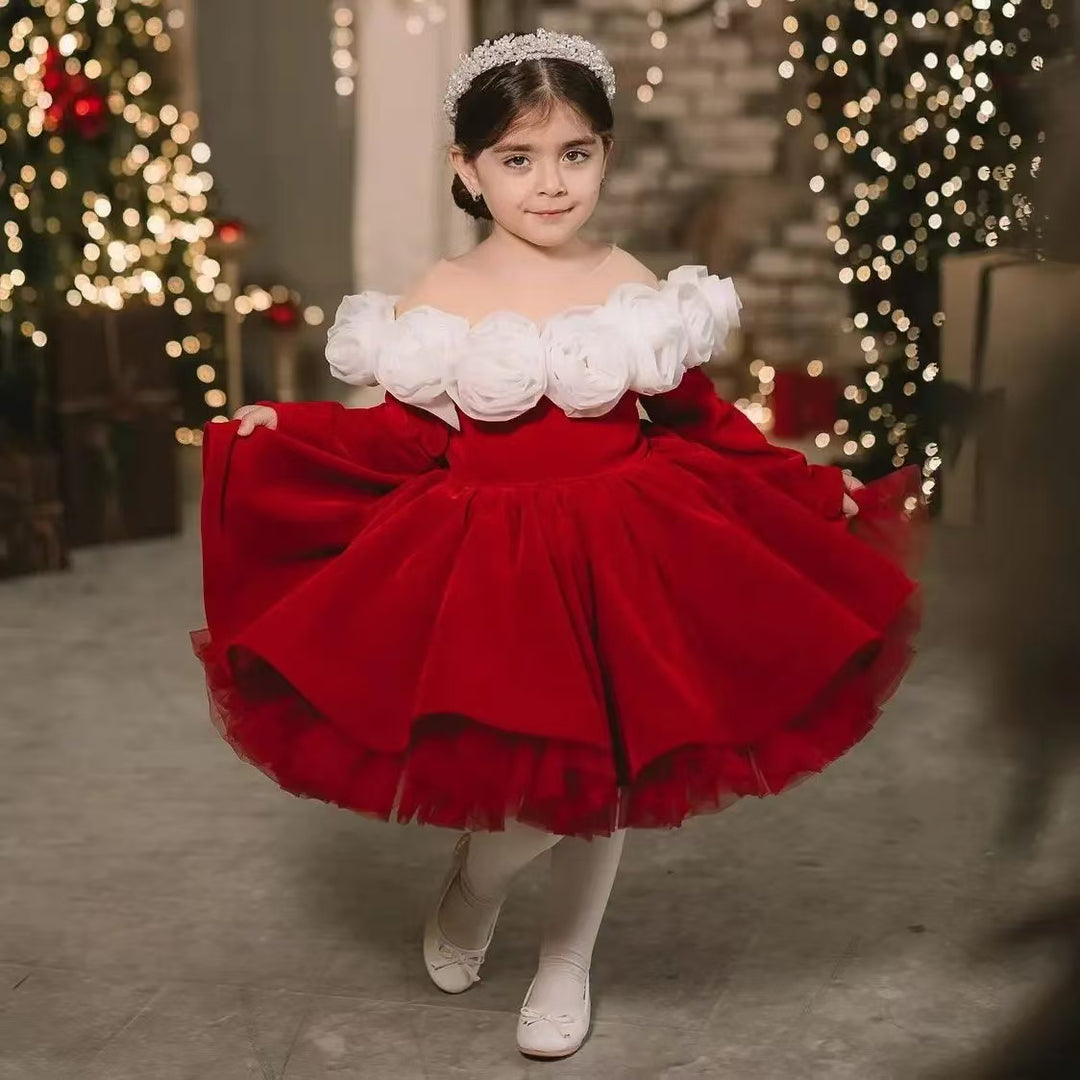 Luxury Red Princess Ball Gown Dress With Handmade Flowers J438 Red / Child-6 Luxury Red Princess Ball Gown Dress With Handmade Flowers J438 Red / Child-6