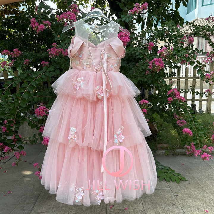 Off-Shoulder Applique Tiered Tulle Flower Girl Dress D322